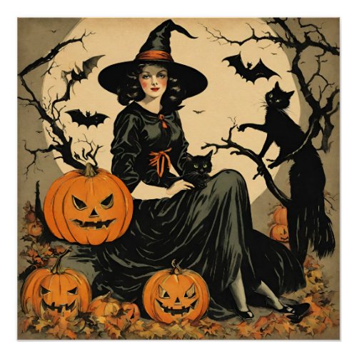 Vintage Halloween Witch Pumpkin Black Cat Bats  Poster