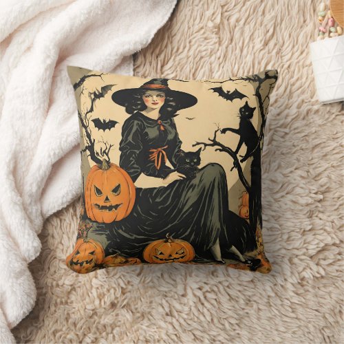 Vintage Halloween Witch Pumpkin Black Cat Bats  Throw Pillow