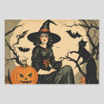 Vintage Halloween Witch, Pumpkin, Black Cat, Bats  Wrapping Paper Sheets