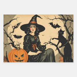 Vintage Halloween Witch, Pumpkin, Black Cat, Bats Wrapping Paper Sheets
