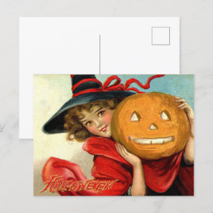 vintage Halloween witch pumpkin Holiday Postcard