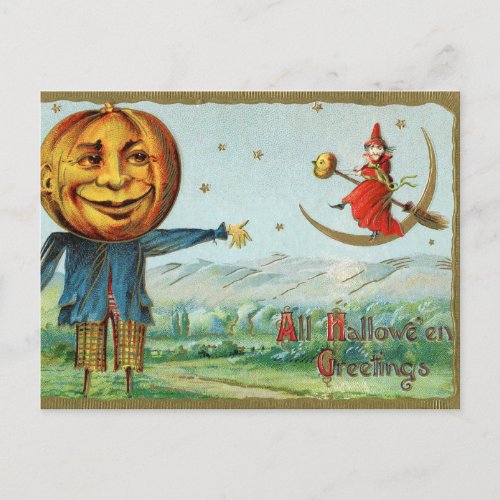 Vintage Halloween witch pumpkin scarecrow postcard