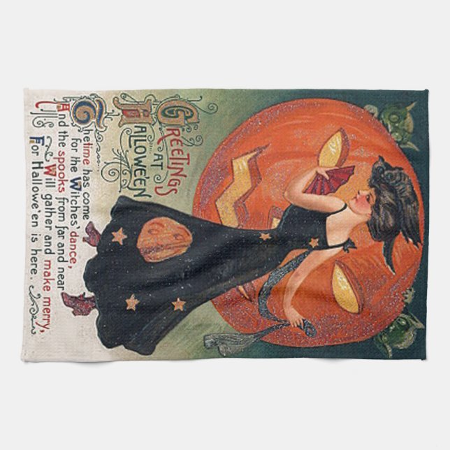 Vintage Halloween Witch & Pumpkins Towel (Horizontal)