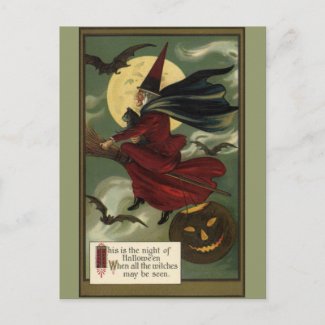 Vintage Halloween Witch Riding a Broom and Moon Postcards