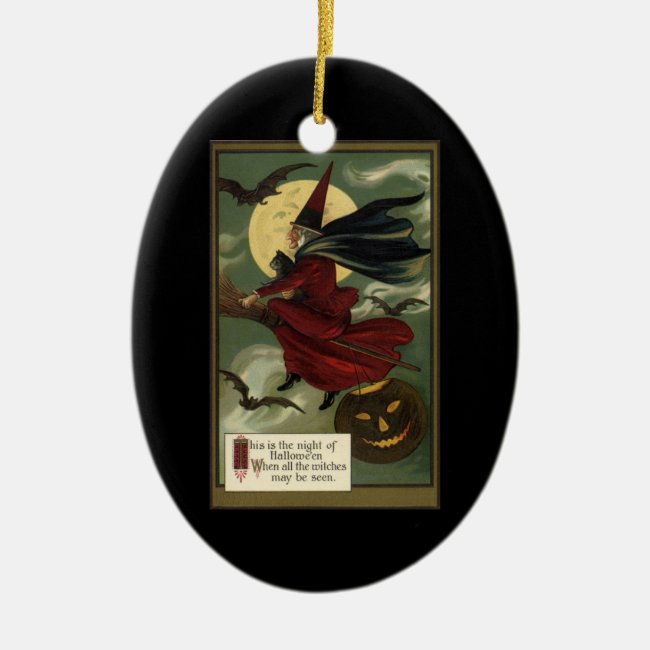 Vintage Halloween Witch Riding a Broom with Cat Ceramic Ornament