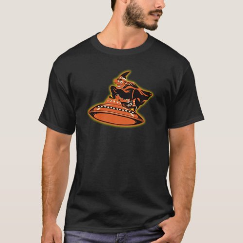 Vintage Halloween Witch Riding A Flying Saucer T_Shirt