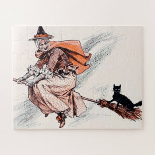 Vintage Halloween Witch Riding Broom With Cat Jigsaw Puzzle