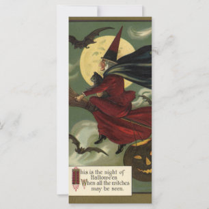 Vintage Halloween Witch Riding Broomstick with Cat