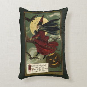 Vintage Halloween Witch Riding Broomstick with Cat Accent Pillow