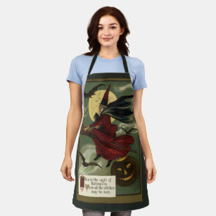 Vintage Halloween Witch Riding Broomstick with Cat Apron