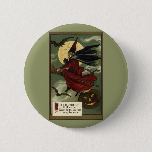 Vintage Halloween Witch Riding Broomstick with Cat Button (Front)