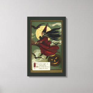 Vintage Halloween Witch Riding Broomstick with Cat Canvas Print