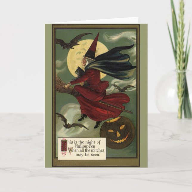 Vintage Halloween Witch Riding Broomstick with Cat Card (Front)