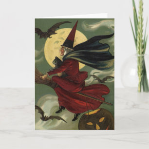 Vintage Halloween Witch Riding Broomstick with Cat Card