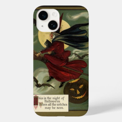 Vintage Halloween Witch Riding Broomstick with Cat Case_Mate iPhone 14 Case