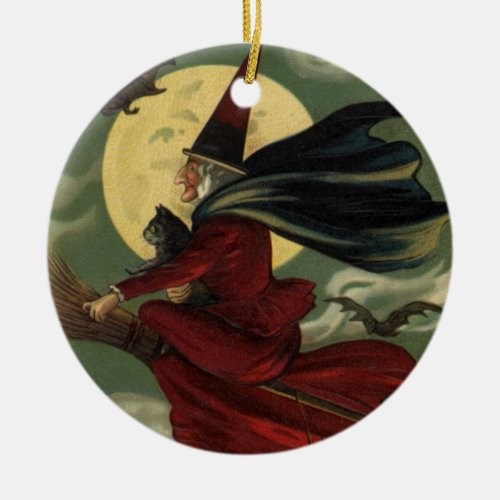 Vintage Halloween Witch Riding Broomstick with Cat Ceramic Ornament