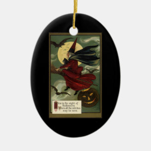 Vintage Halloween Witch Riding Broomstick with Cat Ceramic Ornament