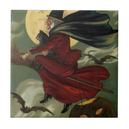 Vintage Halloween Witch Riding Broomstick with Cat Ceramic Tile
