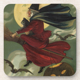 Vintage Halloween Witch Riding Broomstick with Cat Coaster