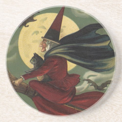 Vintage Halloween Witch Riding Broomstick with Cat Drink Coaster