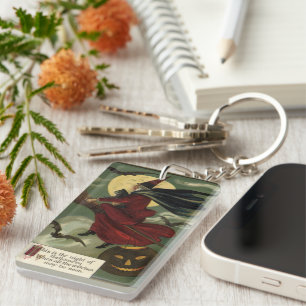Vintage Halloween Witch Riding Broomstick with Cat Keychain