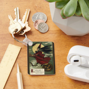 Vintage Halloween Witch Riding Broomstick with Cat Keychain