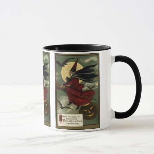 Vintage Halloween Witch Riding Broomstick with Cat Mug