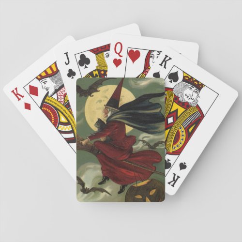 Vintage Halloween Witch Riding Broomstick with Cat Playing Cards
