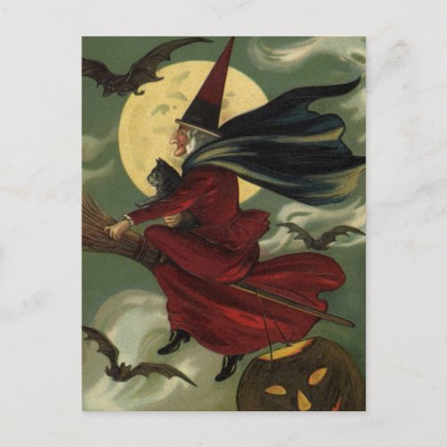 Vintage Halloween Witch Riding Broomstick with Cat Postcard