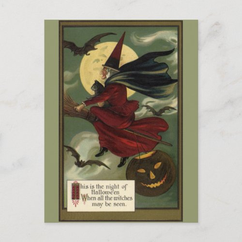 Vintage Halloween Witch Riding Broomstick with Cat Postcard