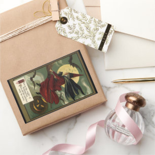 Vintage Halloween Witch Riding Broomstick with Cat Rectangular Sticker