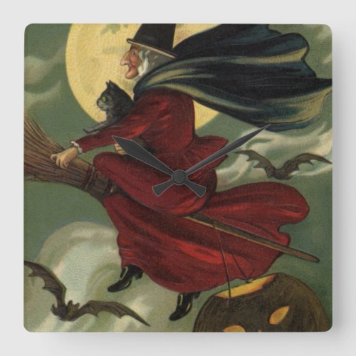 Vintage Halloween Witch Riding Broomstick with Cat Square Wall Clock