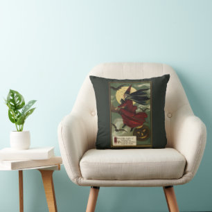 Vintage Halloween Witch Riding Broomstick with Cat Throw Pillow