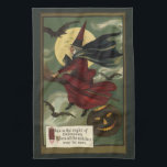 Vintage Halloween Witch Riding Broomstick with Cat Towel<br><div class="desc">Vintage illustration Halloween holiday design featuring a wicked evil witch flying on her broomstick with a black cat in her lap. They are flying through the night sky on All Hallows Eve with a full moon in the distance, bats and a spooky jack-o-lantern pumpkin. Text reads: "This is the night...</div>