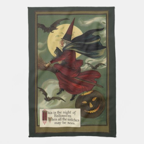 Vintage Halloween Witch Riding Broomstick with Cat Towel