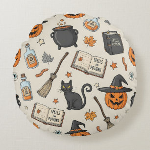 Vintage Halloween Witch Round Pillow