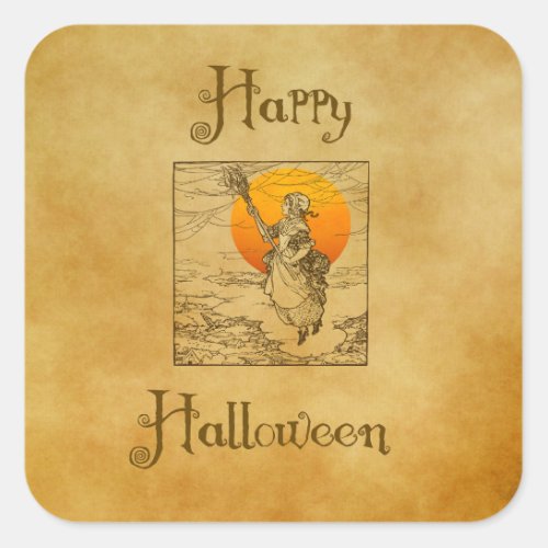 Vintage Halloween Witch Square Stickers