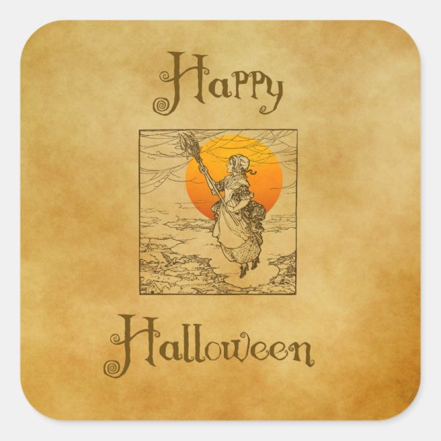 Vintage Halloween Witch Square Stickers (Front)