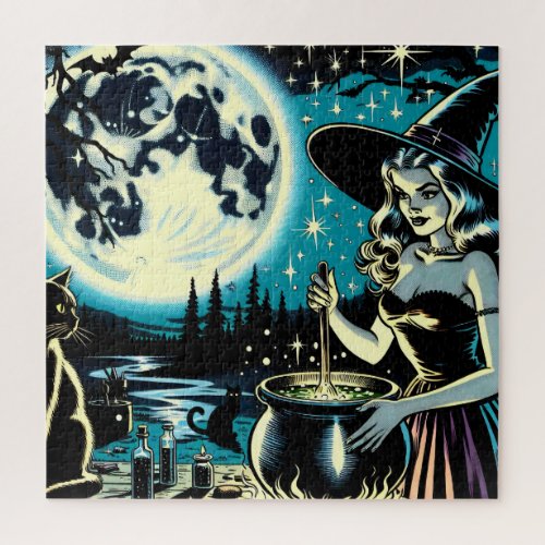 Vintage Halloween Witch stirring a Cauldron Jigsaw Puzzle