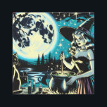 Vintage Halloween Witch stirring a Cauldron Metal Print<br><div class="desc">Vintage Halloween scene with a witch stirring a cauldron under a full moon while black cats watch.</div>