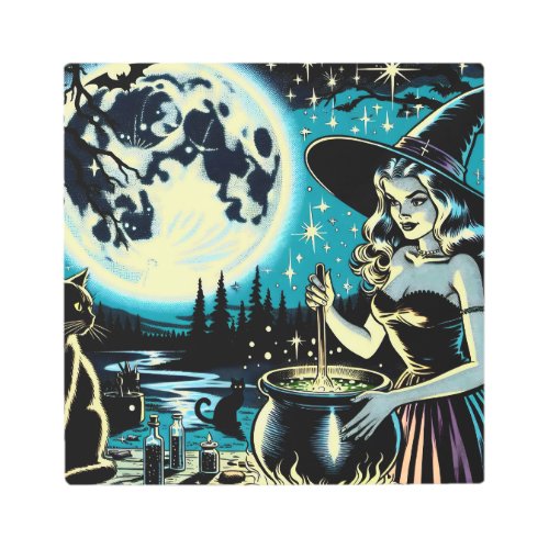 Vintage Halloween Witch stirring a Cauldron Metal Print