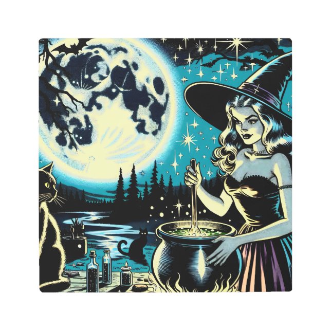 Vintage Halloween Witch stirring a Cauldron Metal Print (Front)
