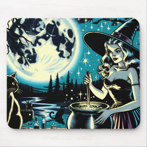 Vintage Halloween Witch stirring a Cauldron Mouse Pad