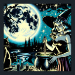 Vintage Halloween Witch stirring a Cauldron Poster<br><div class="desc">Vintage Halloween scene with a witch stirring a cauldron under a full moon while black cats watch.</div>