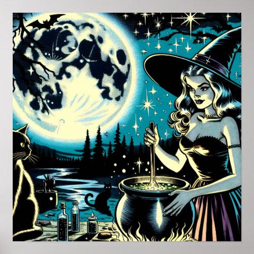 Vintage Halloween Witch stirring a Cauldron Poster