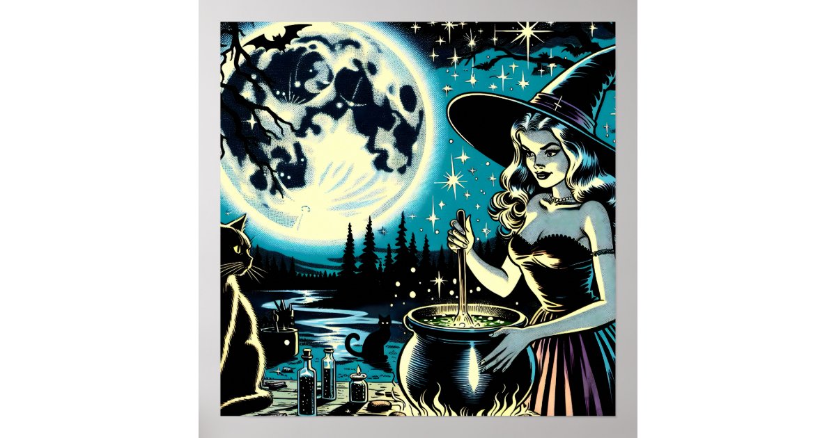 Vintage Halloween Witch stirring a Cauldron Poster | Zazzle