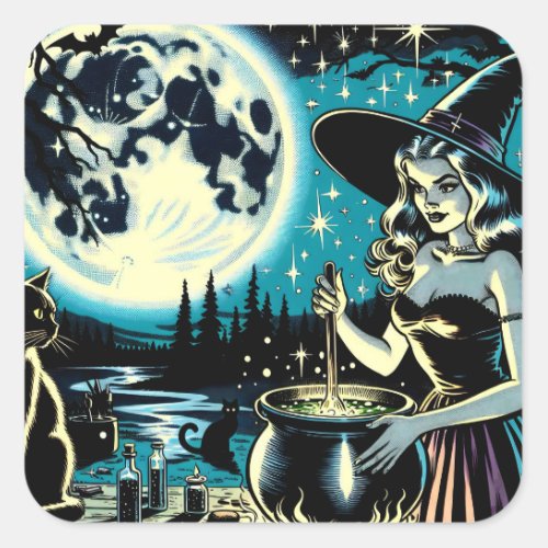 Vintage Halloween Witch stirring a Cauldron Square Sticker