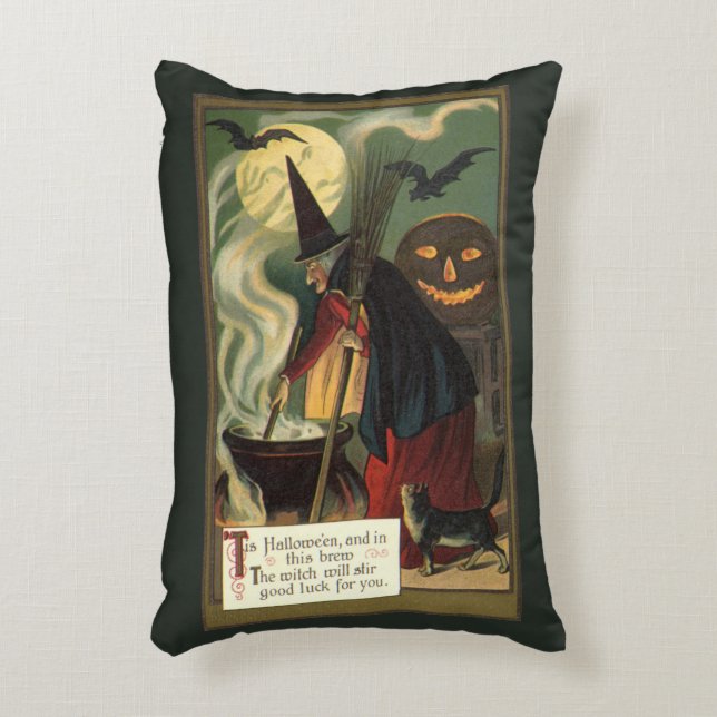 Vintage Halloween Witch Stirring Magic Cauldron Accent Pillow (Front(Vertical))