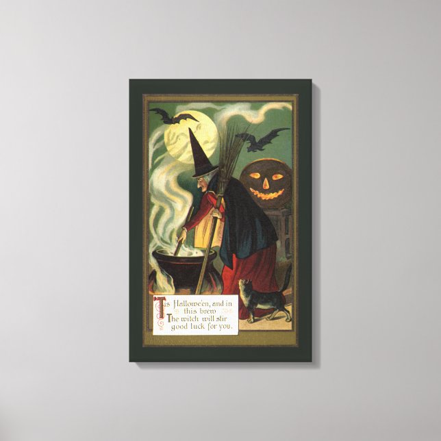 Vintage Halloween Witch Stirring Magic Cauldron Canvas Print (Front)