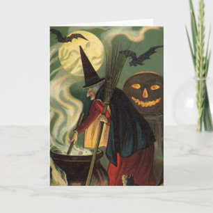 Vintage Halloween Witch Stirring Magic Cauldron Card